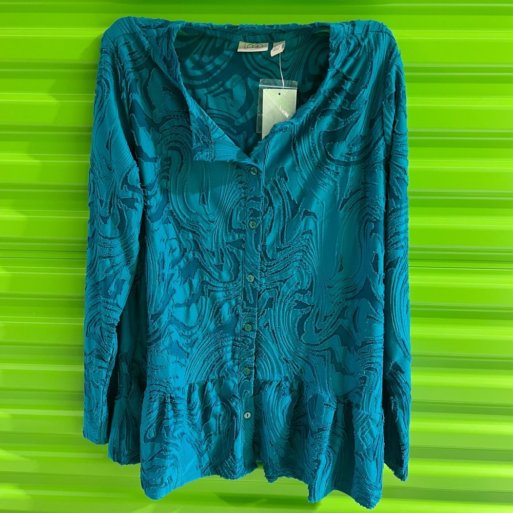 LOGO Lori Goldstein Teal Swirl Burnout Peplum Button Front Top Blouse M A659826